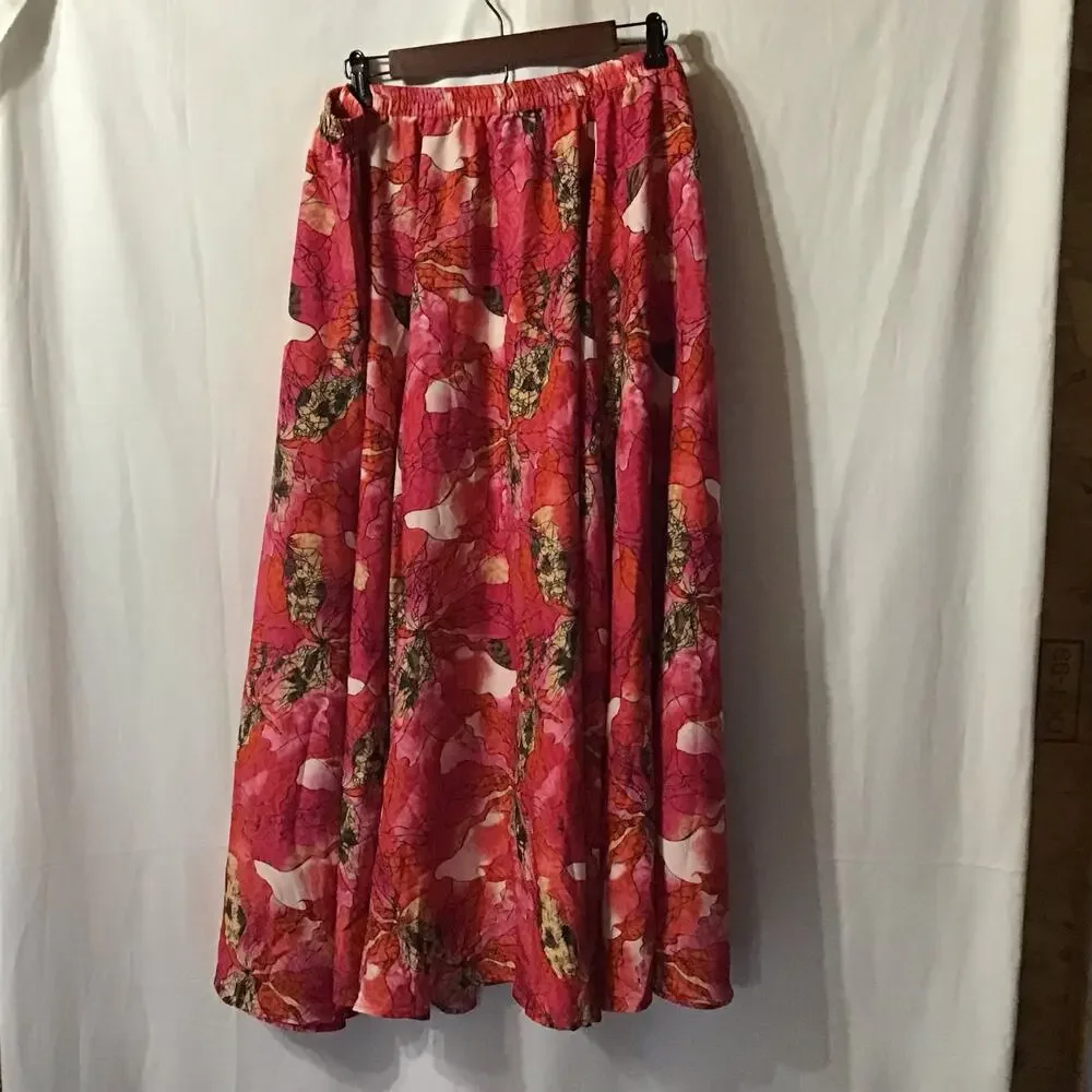 Mod X Bright Pink & Red Floral Romantic Flowy Circle Maxi Skirt 1X